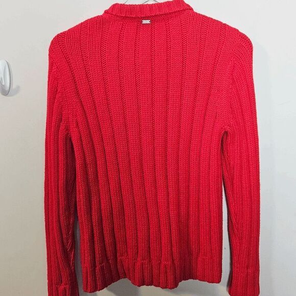 St. John Long Sleeve Cableknit Chunky Wool Cardigan Sweater Women's Red Size Sm - Picture 3 of 5